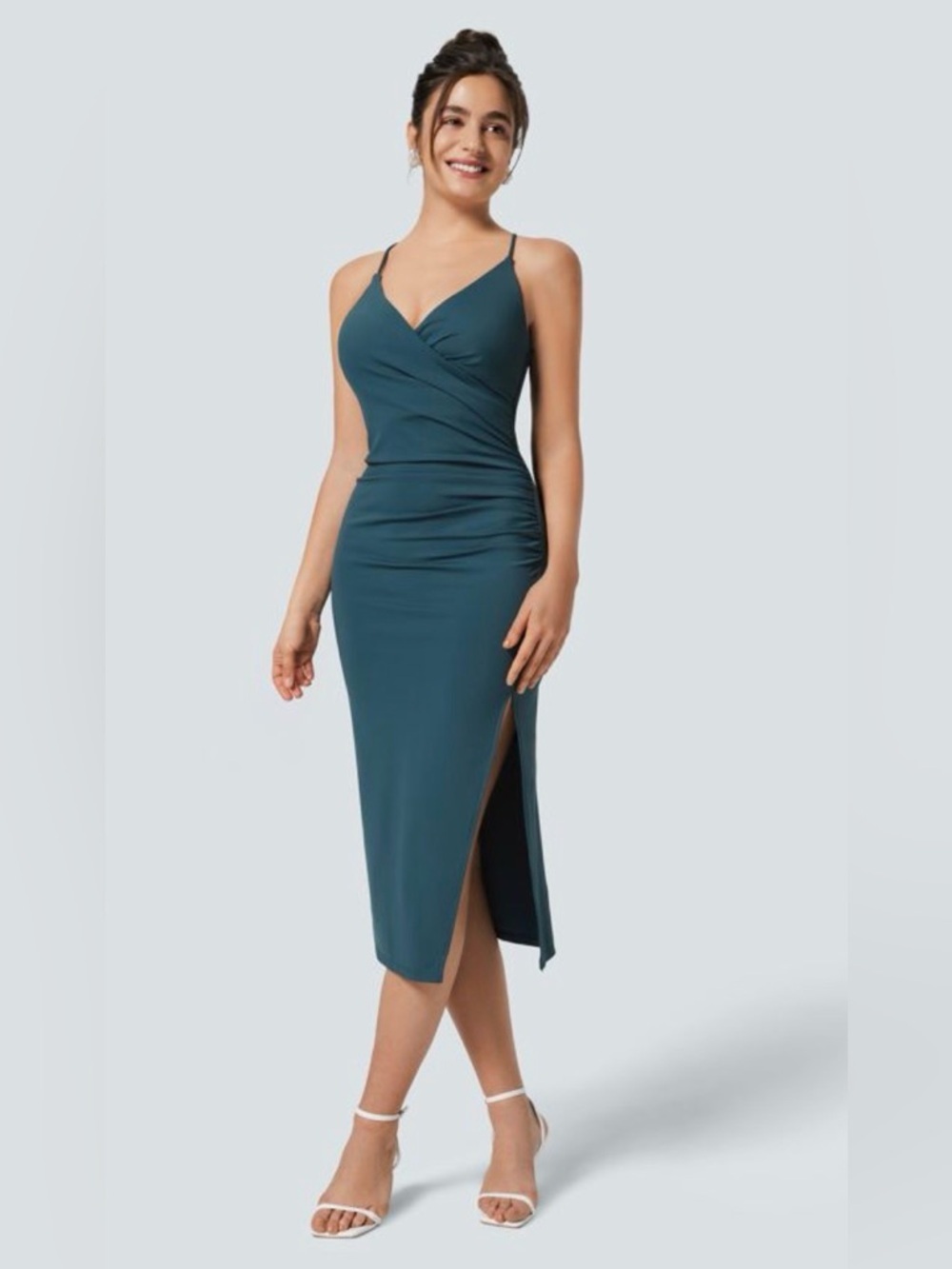 HALARA Teal Wrap-Front Midi Dress with Side Slit